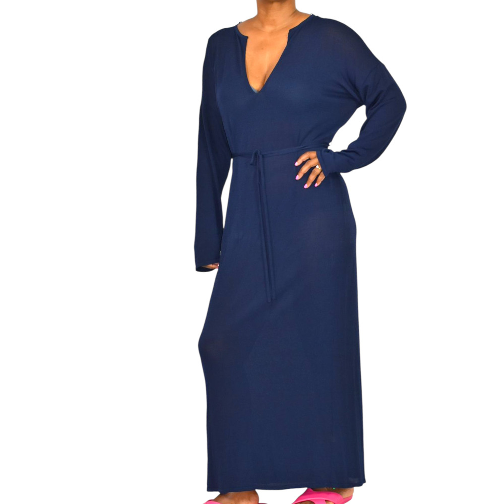Zara Knit Maxi Dress Blue Sheer V Neck Oversized Belt Caftan Long Viscose Medium